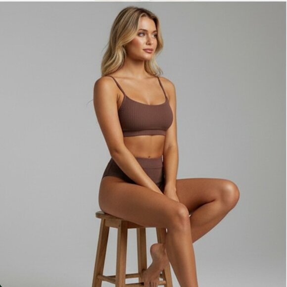 Brown Ribbed High Waist Bikini Bathing Suit - Picture 3 of 9